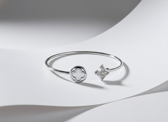 925 Silver Clover & Sparkle Kada for Women | Adjustable Sterling Silver Bracelet