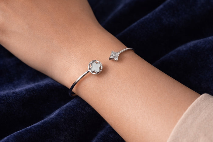 925 Silver Clover & Sparkle Kada for Women | Adjustable Sterling Silver Bracelet