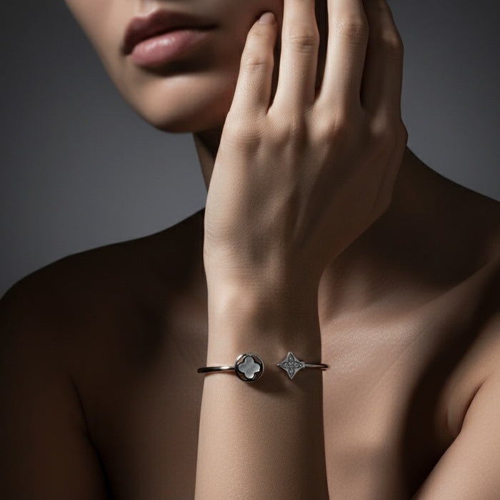 925 Silver Clover & Sparkle Kada for Women | Adjustable Sterling Silver Bracelet