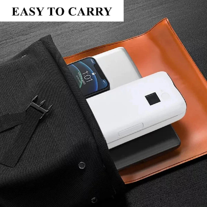 A black fabric pouch with a brown interior lining is shown open on a dark textured surface, holding smartphones and A4 Portable Thermal Printer. A white text box at the top reads 'EASY TO CARRY'.