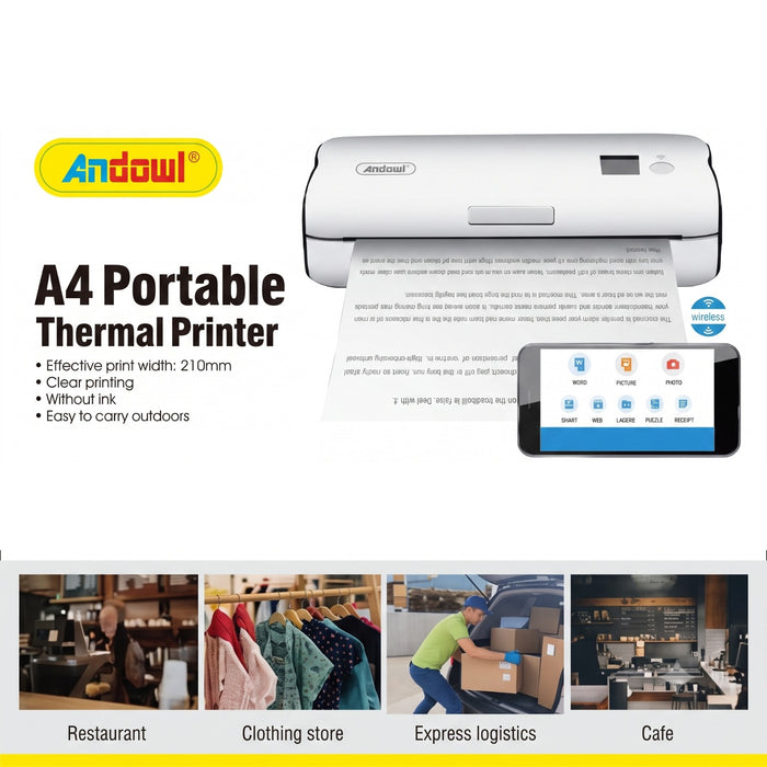 A promotional graphic for an Andowl A4 portable thermal printer. The main product is shown as a white thermal printer with a paper tray, alongside a smartphone displaying a print queue interface, with text listing features like 21mm effective print width, clear printing, and no ink.
