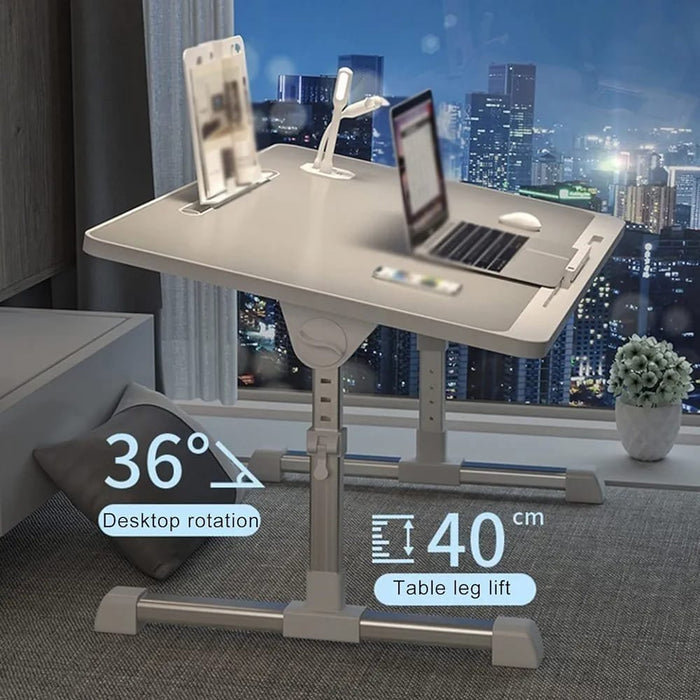 An adjustable bed laptop table with a laptop  on a desk. The table is foldable and designed for computer work, study, reading, and other tasks