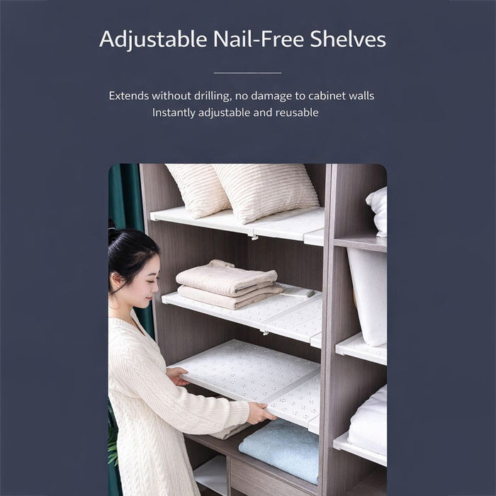 A Woman is Fixing Adjustable Cabinet Shelf Divider Organizer Inside a Wardrobe.