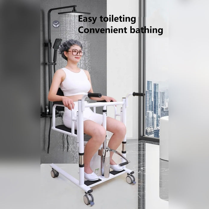 A Person is Sitting in a Adjustable Patient Lift Transfer Chair and taking shower.