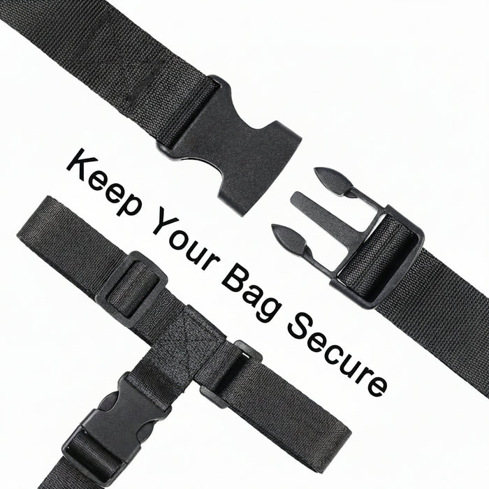 Adjustable Luggage Strap with buckles and text.
