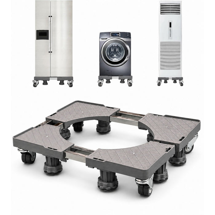 Adjustable Washing Machine Stand with a washing machine and dryer in the background on a white background