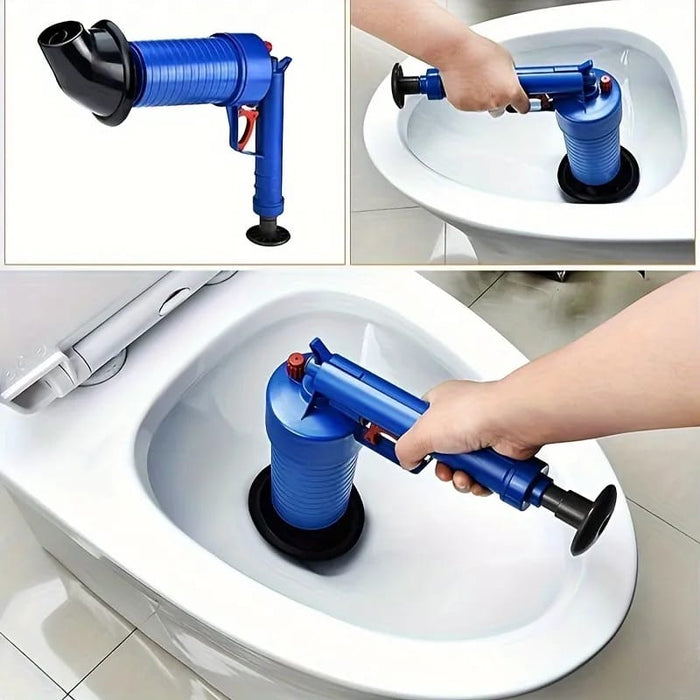 A Person is Using Air Drain Blaster in Toilet.