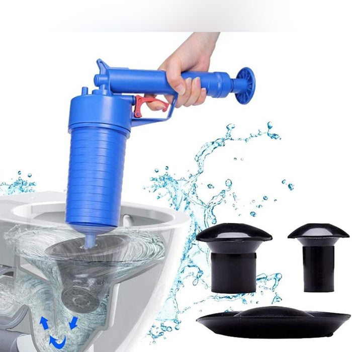 A Person is Using Air Drain Blaster in Toilet.