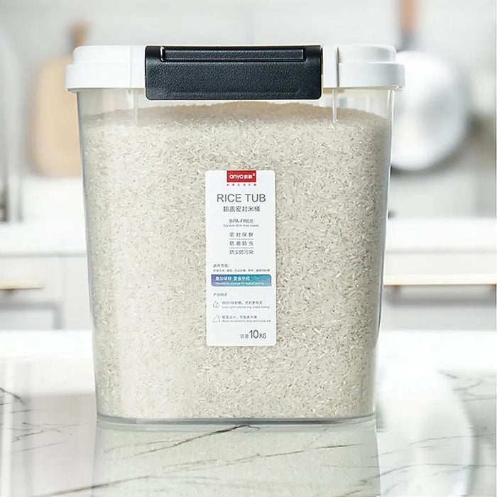 Airtight Grain Storage Box With Rice In It.