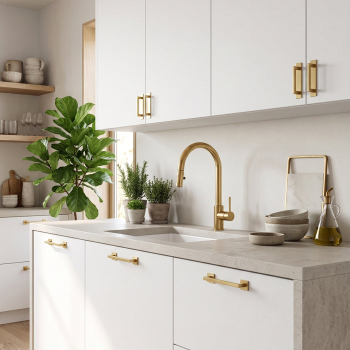 A modern kitchen scene with white cabinets, a light stone countertop, and a prominent matte gold gooseneck faucet. The space includes gold-toned cabinet handles, small potted plants, stacked bowls, a cutting board, and a large green plant on the counter.