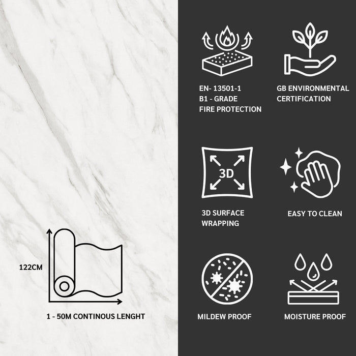 Architectural grade vinyl with fire protection, environmental certification, 3D surface wrapping, easy cleaning, mildew proof, and moisture proof features.