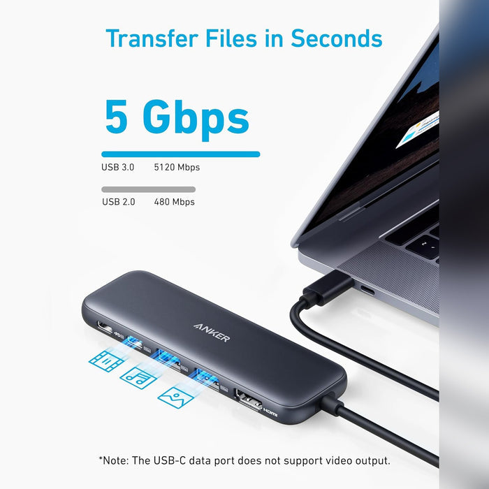 An Anker 332 USB-C 5-in-1 hub connected to a laptop, highlighting 5 Gbps high-speed data transfer through USB 3.0 ports for quickly moving files, photos, and media.