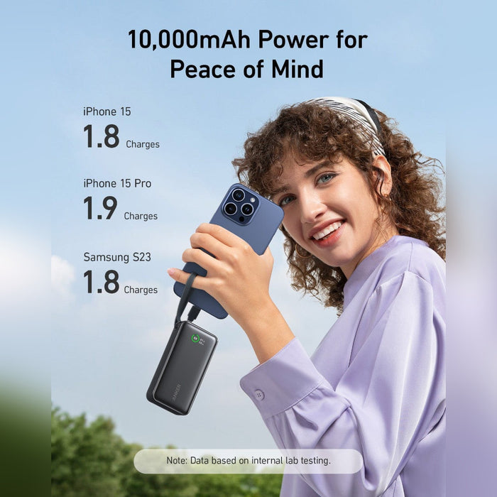A Women is Holding Mobile Phone and Anker Nano Power Bank (30W, Built-In USB-C Cable),10,000mAh- A1259H11.