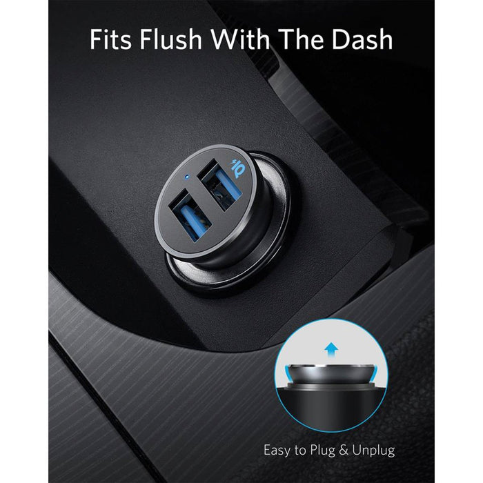 Anker PowerDrive 2 Alloy 24W Car Charger with 2 Ports fits flush with the dash