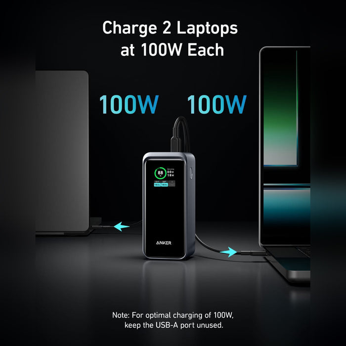 A Laptop is Connected to Anker Prime 20,000mAh Power Bank (200W), Multi-Device Fast Charging - A133601.