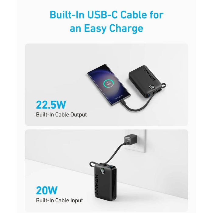 A Mobile Phone is Connected to Anker Ultra Compact Power Bank (20,000 mAh, 22.5W, Built- In -USB- C Cable) - A1647H11 and Anker Ultra Compact Power Bank (20,000 mAh, 22.5W, Built- In -USB- C Cable) - A1647H11 is Connected to Plug.