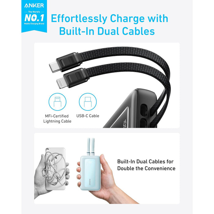 A Person is Holding Anker Zolo Power Bank (10,000mAh, 30W, Built-In USB-C & Lightning Cables).