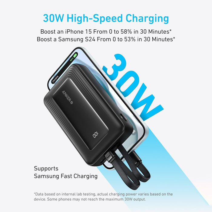 A Phone is Connected to Anker Zolo Power Bank (10,000mAh, 30W, Built-In USB-C & Lightning Cables).
