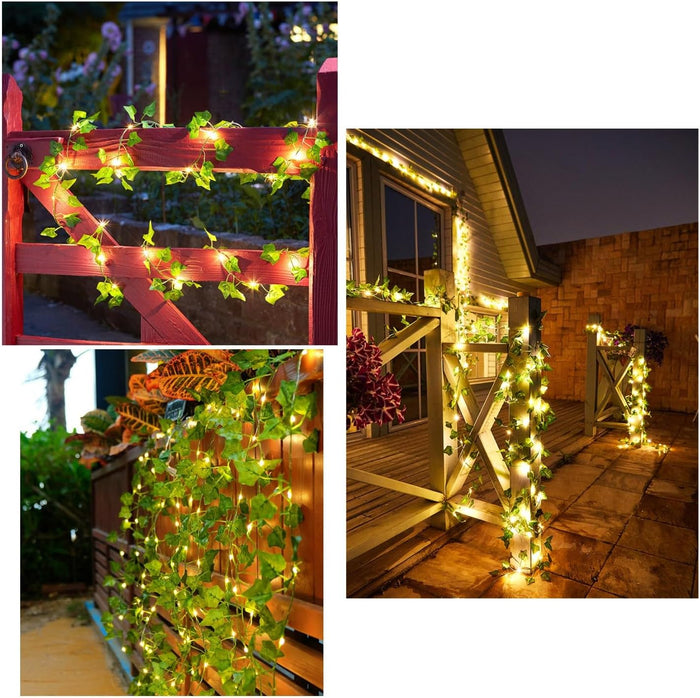 Collage of outdoor scenes with Artificial Ivy Leaf Garland LED String Lights.