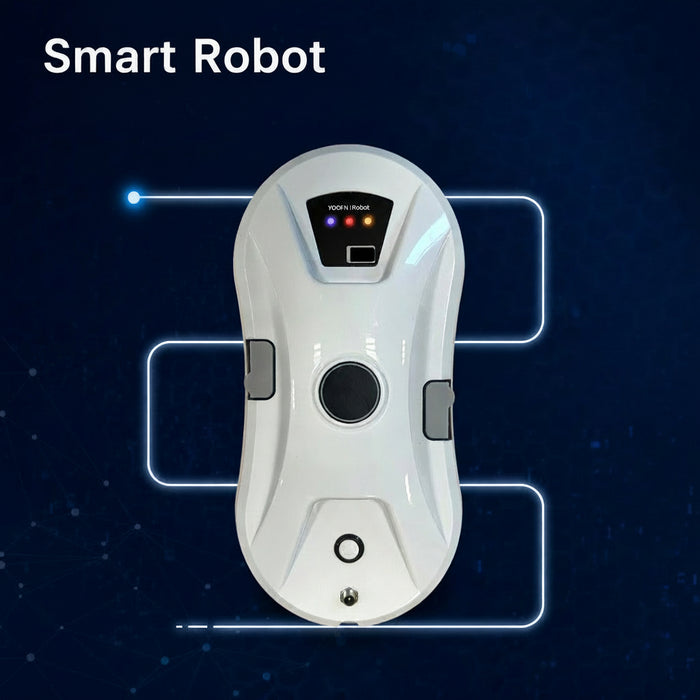 A white Automatic Window Cleaning Robot shown on a dark blue graphic background with glowing line illustrations and text reading 'Smart Robot.