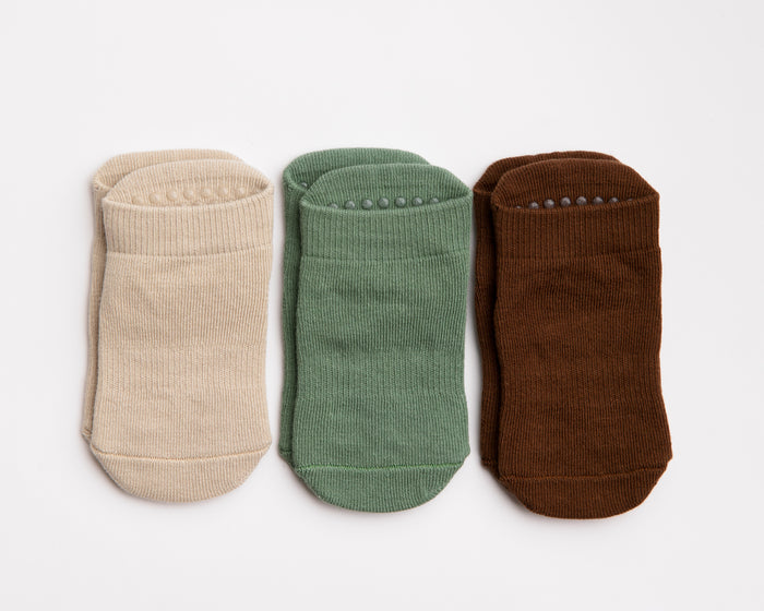 Chai ankle socks: three ankle socks in sand, sage green and chocolate brown. Squid Socks, the brand seen on Shark Tank.