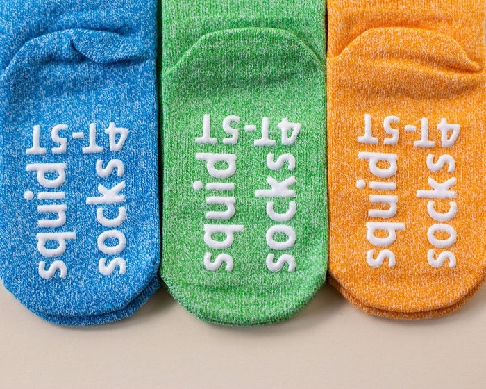 Chevy ankle socks: blue, green and orange ankle socks showing sole grips. Squid Socks, the brand seen on Shark Tank.