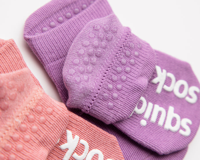 Ciara ankle socks: close-up of lavender cuff dots and sole grips. Squid Socks, the brand seen on Shark Tank.