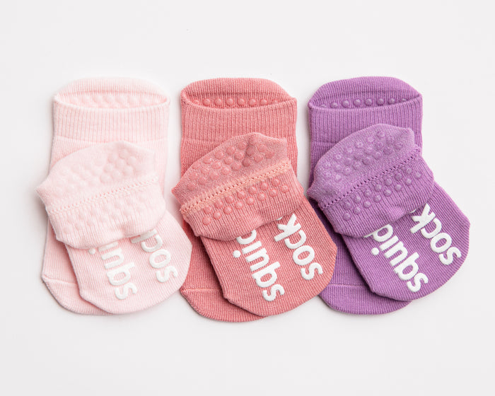 Ciara ankle socks: three pink and lavender ankle socks with cuff and sole grips. Squid Socks, the brand seen on Shark Tank.