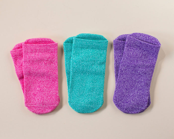 Clarissa ankle socks: three ankle socks in pink, teal and purple. Squid Socks, the brand seen on Shark Tank.