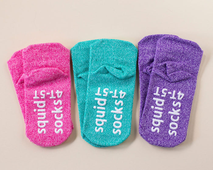 Clarissa ankle socks: three colorful ankle socks with branded soles. Squid Socks, the brand seen on Shark Tank.