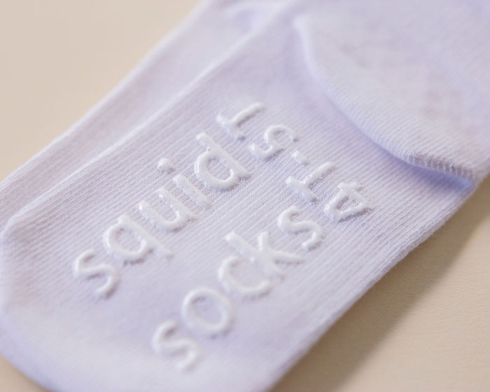 Cleary ankle socks: close-up of white sole grips. Squid Socks, the brand seen on Shark Tank.