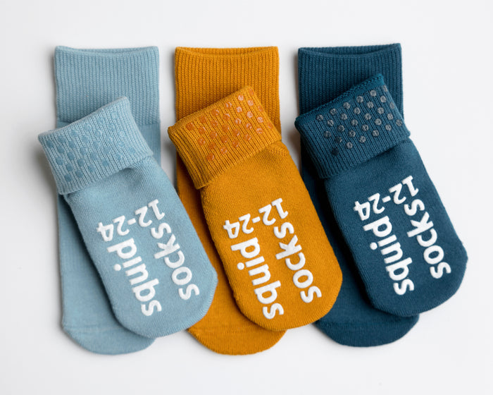 Camden cotton crew socks: three cotton crew socks with folded cuffs and sole grips. Squid Socks, the brand seen on Shark Tank.