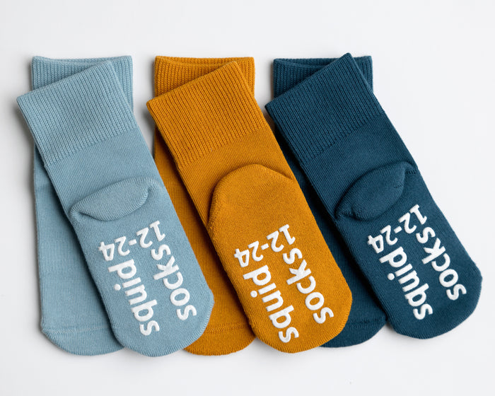 Camden cotton crew socks: blue, mustard and teal crew socks with branded soles. Squid Socks, the brand seen on Shark Tank.