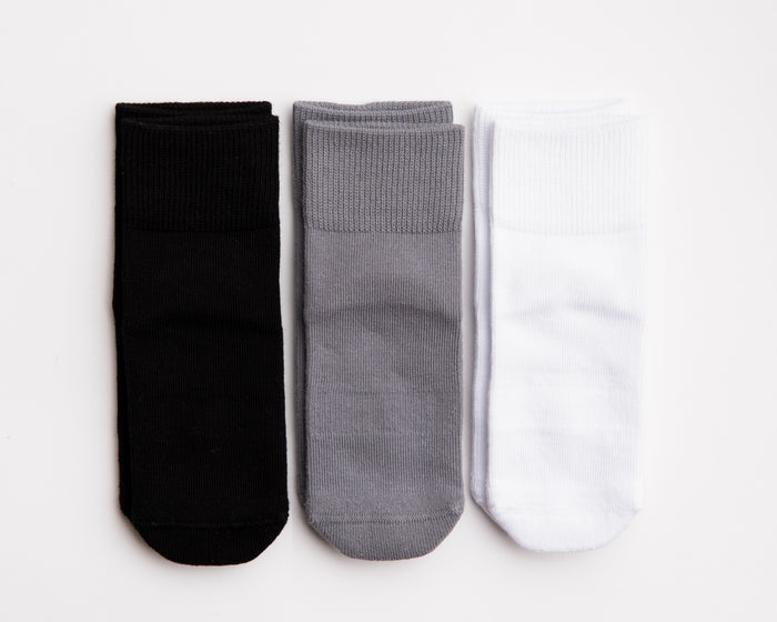 Casey cotton crew socks: three cotton crew socks in black, gray and white. Squid Socks, the brand seen on Shark Tank.
