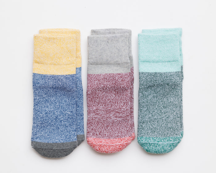 Chris cotton crew socks: three color-block crew socks with yellow, gray and mint cuffs. Squid Socks, the brand seen on Shark Tank.