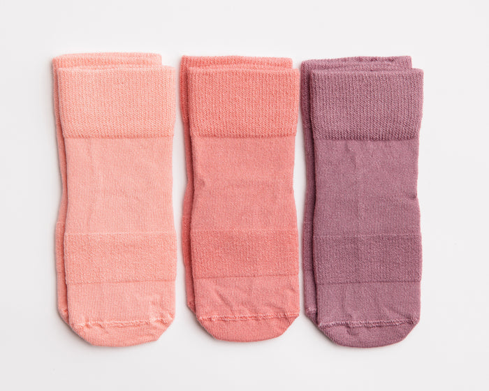 Cami kids socks: three socks in light pink, dusty pink and lavender. Squid Socks, the brand seen on Shark Tank.