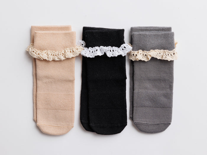 Candace kids socks: three lace-trim socks in beige, black and gray. Squid Socks, the brand seen on Shark Tank.