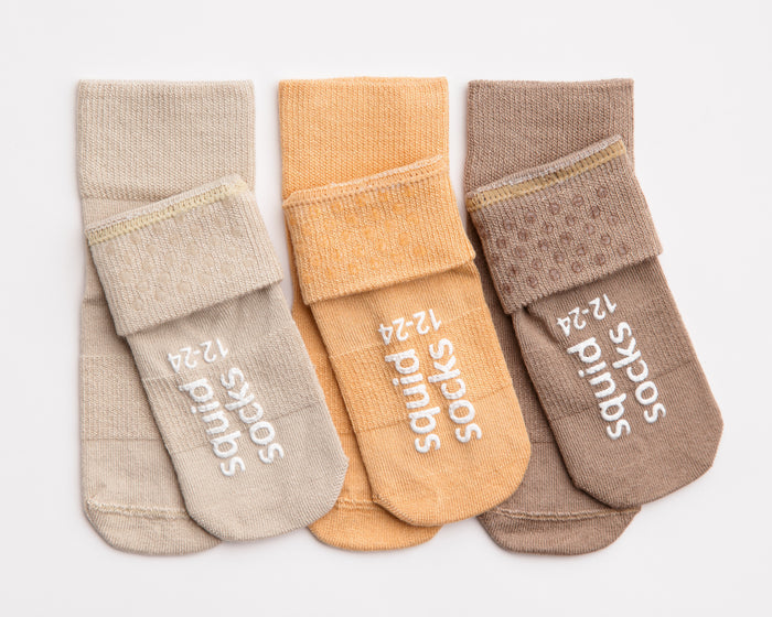 Caramel kids socks: warm neutral socks with folded cuffs and sole grips. Squid Socks, the brand seen on Shark Tank.