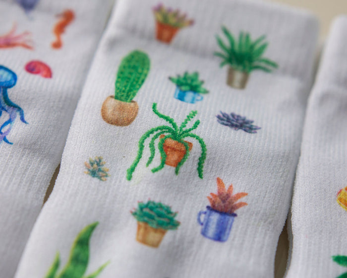 Caribbean kids socks: close-up of potted cactus prints. Squid Socks, the brand seen on Shark Tank.