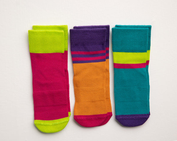 CeCe kids socks: three bright color-block socks in pink, orange and teal. Squid Socks, the brand seen on Shark Tank.