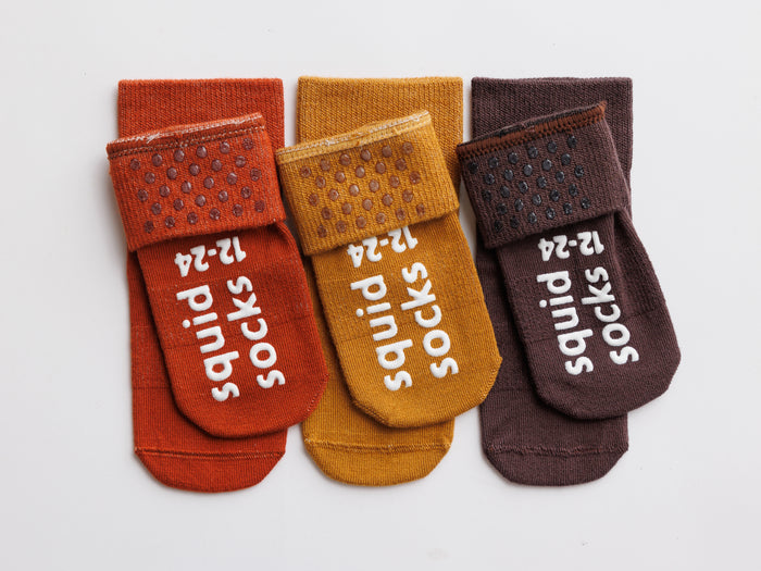 Cedar kids socks: rust, mustard and brown socks with folded cuffs and sole grips. Squid Socks, the brand seen on Shark Tank.
