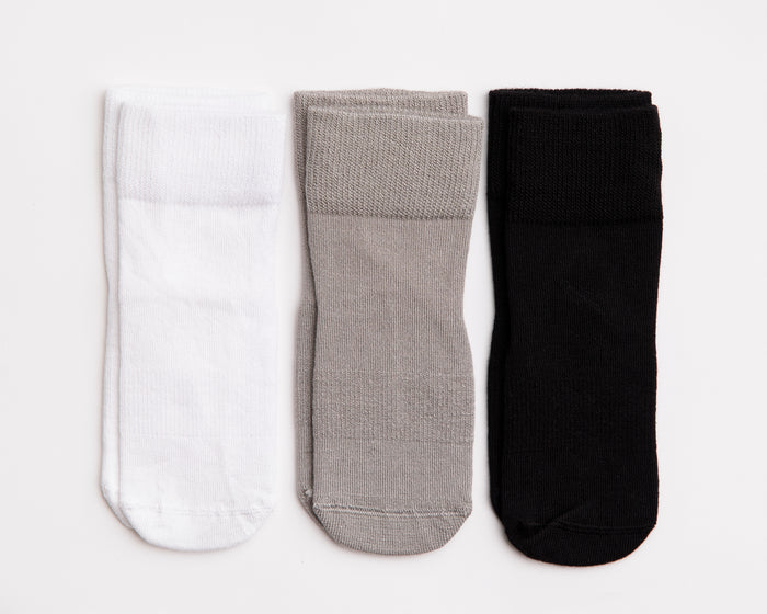 Charlie kids socks: three socks in white, gray and black. Squid Socks, the brand seen on Shark Tank.