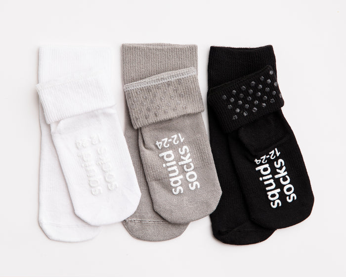 Charlie kids socks: white, gray and black socks with folded cuffs and sole grips. Squid Socks, the brand seen on Shark Tank.