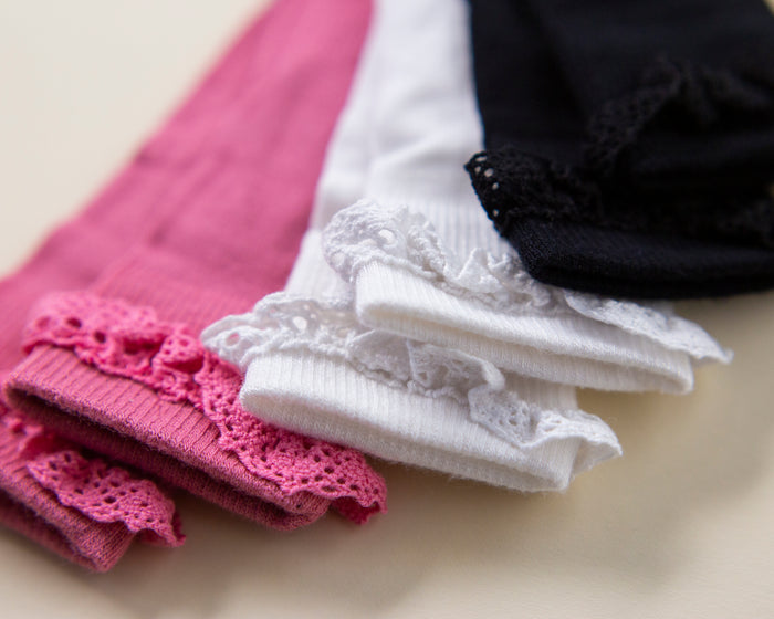 Charlotte kids socks: close-up of pink, white and black lace-trim cuffs. Squid Socks, the brand seen on Shark Tank.