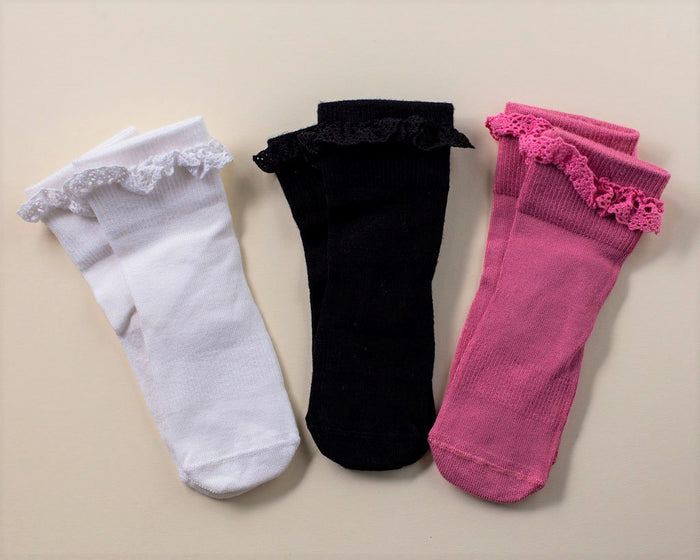 Charlotte kids socks: three lace-trim socks in white, black and pink. Squid Socks, the brand seen on Shark Tank.