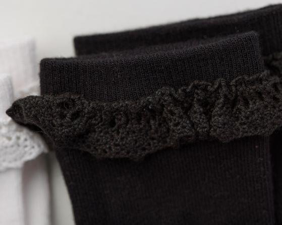 Charlotte kids socks: close-up of black lace trim. Squid Socks, the brand seen on Shark Tank.