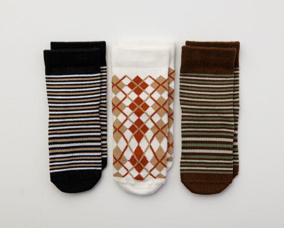 Chesney kids socks: black stripes, white argyle and brown stripes laid flat. Squid Socks, the brand seen on Shark Tank.
