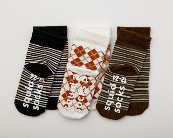 Chesney kids socks: striped and argyle socks showing branded sole grips. Squid Socks, the brand seen on Shark Tank.