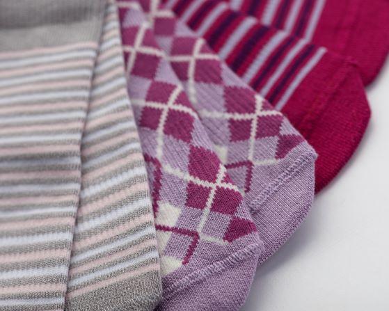 Christina kids socks: close-up of gray stripes, lavender argyle and magenta stripes. Squid Socks, the brand seen on Shark Tank.