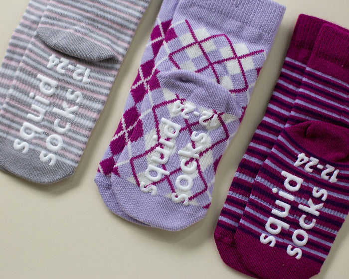 Christina kids socks: striped and argyle socks with branded soles. Squid Socks, the brand seen on Shark Tank.